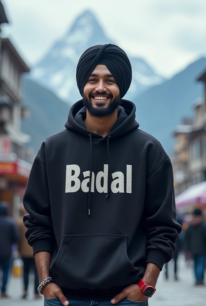 A Punjabi boy wear black reality turban hoodie written on bold name "Badal"attractive smile reality in image,red watch , with cold mountain view cold falling smile , very crowded area of Punjab and beautiful girls name sakina romance love kiss