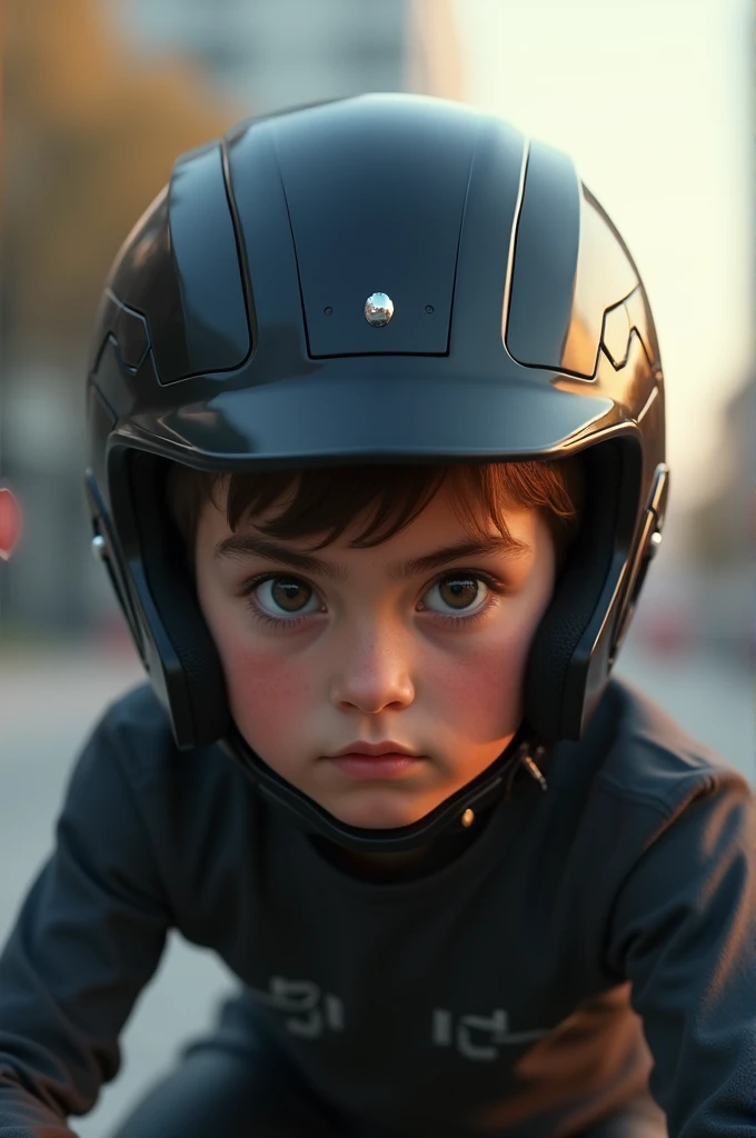 A young boy wear black sporty helmet