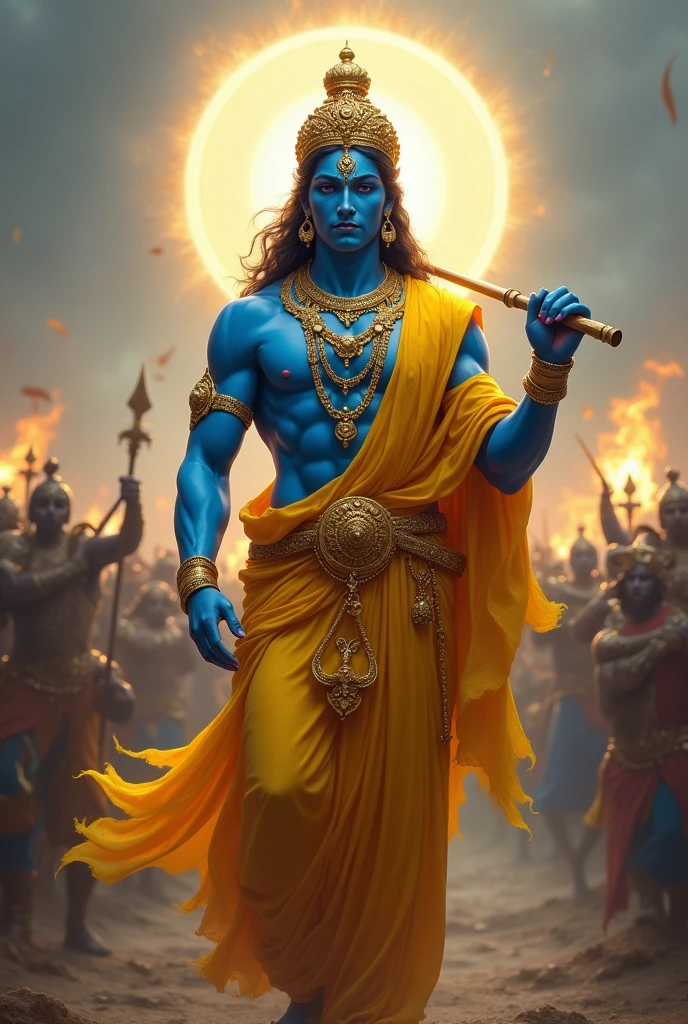 A majestic figure of a deity, depicted with a blue complexion, stands confidently in the center. Adorned in vibrant yellow drapery, he holds a flute in one hand, while the other is gracefully positioned by his side. His ornate crown and intricate jewelry add to his divine presence. A soft, glowing halo surrounds his head, illuminating the scene. In the background, indistinct figures appear engaged in a battle, adding to the dramatic and powerful atmosphere of the image.