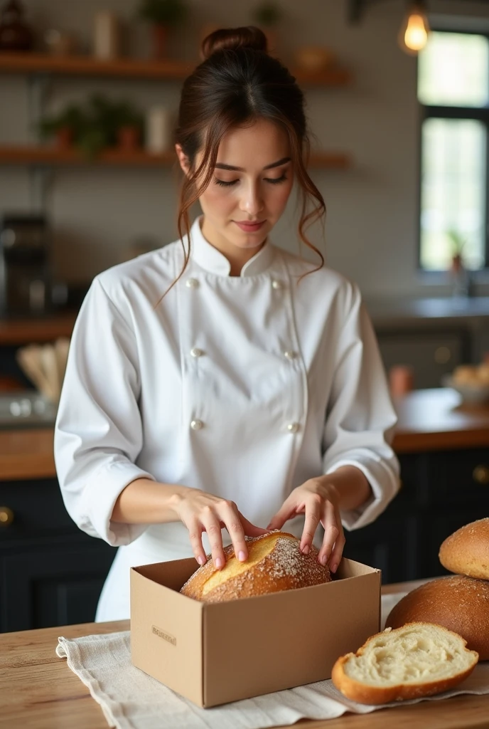 Woman dressed in white baker's uniform opening a package of crustless bread on a table
