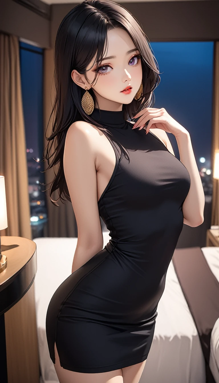 masterpiece, high resolution, beautiful woman, Korean Beauty, 20 years old, black sleeve less sweater, mini pencil skirt, beautiful woman, night hotel, standing and looking at me, high resolution face, (high resolution eyes), black hair, muy sensual, big circular earrings