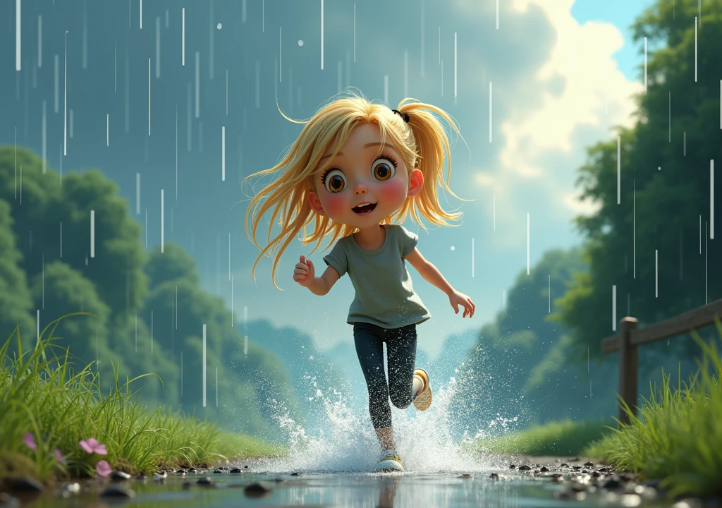 A blonde teenager with light brown eyes wearing a short gray blouse and black pants running from some rain splashes, in the background of the image there are some forests on the right side and a large amount of clouds covering the sky, Disney Pixar style