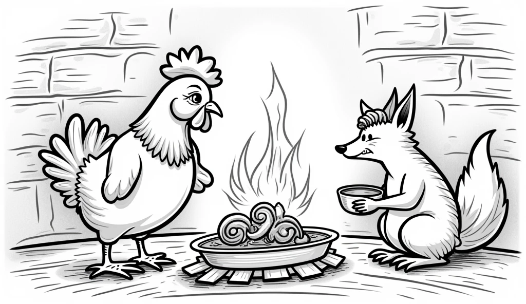 drawing of a fox and a chicken. The chicken must be cooking a nail soup and the fox must be making a fire, to a fireplace at night. The drawing must be and cannot be colored.. The chicken must look smart and the fox must look hungry and tired.. The image must be for coloring. remember if, The chicken is the one cooking, and she's cooking a nail soup.