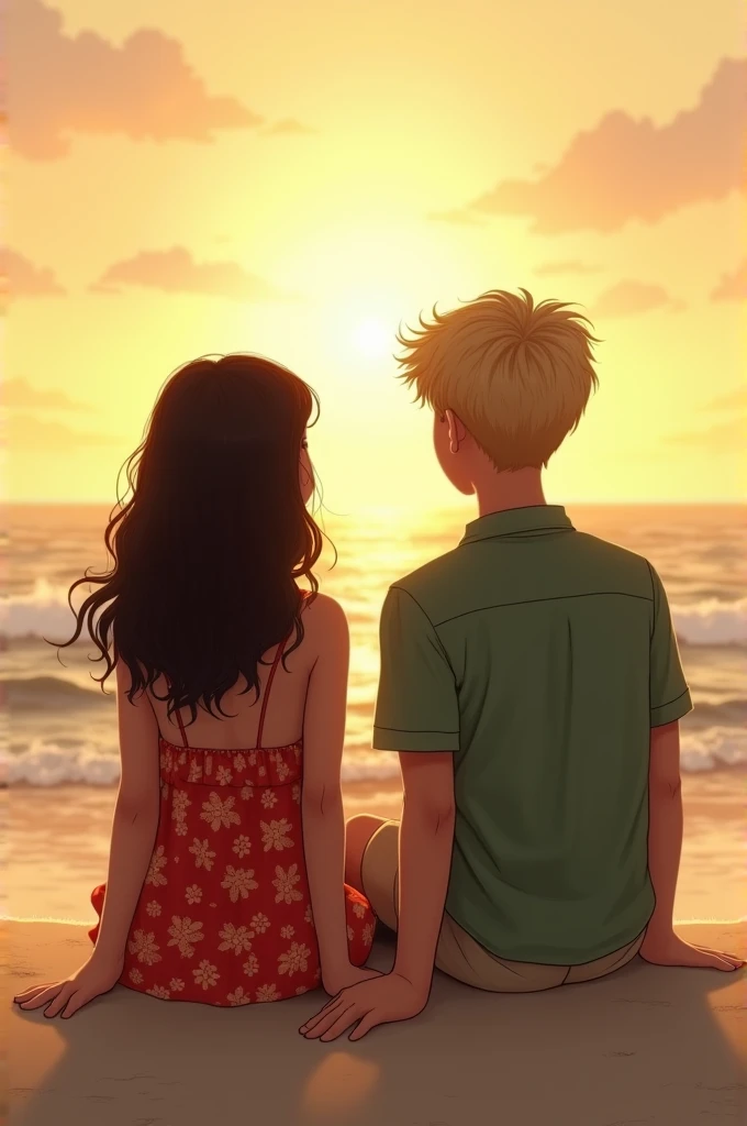 And Indian girl with light skin and wearing a red floral dress strap to her knees and with wavy hair darkest shade of brown mid length siting beside a German boy with blonde hair taller than her wearing a green linen shirt with beige shorts . The scene is on the beach they are facing there back and sitting watching the sunrise on the beach with a little laid back posture and their hands touching a little they are teenagers and sitting a
bit apart but their hands fingers are touching . Realistic