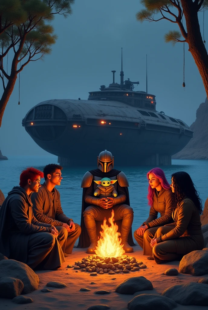 3 man and 2 women sitting at a campfire in front of the razor crest. First man is red haired, second man is black haired and wears a hat, first girl has long pink hair, second girl has long black hair and the fifth man with mandalorian armor that holds baby Yoda