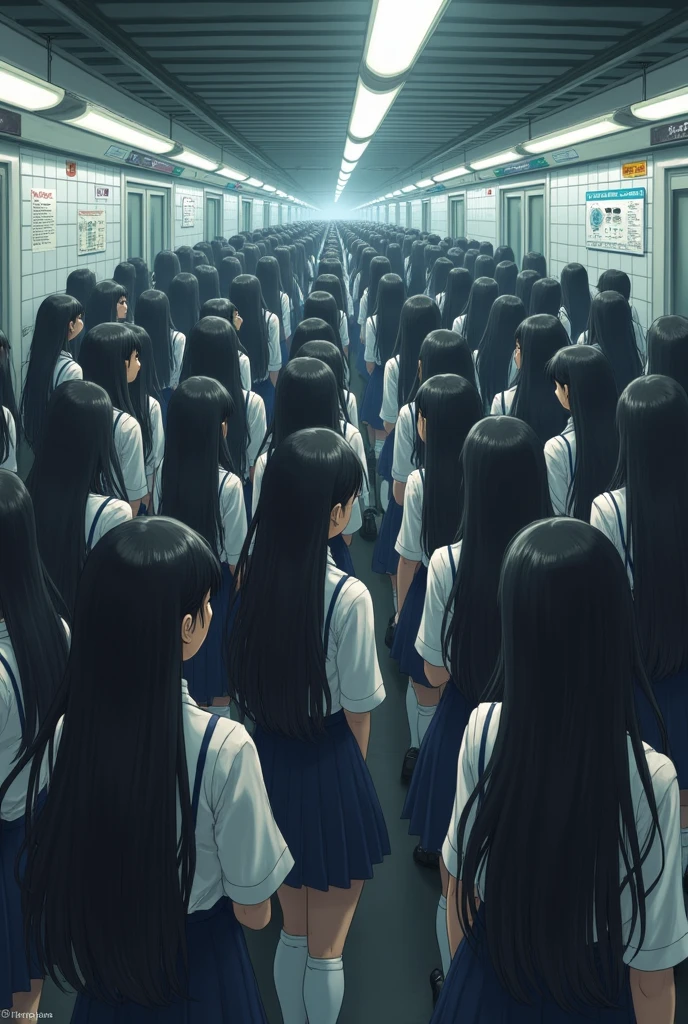 500 long haired asian girls in realistic school uniforms standing in subway