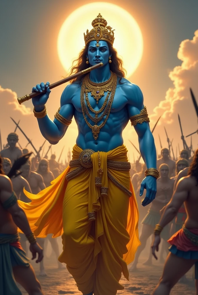 A majestic figure of a deity, depicted with a blue complexion, stands confidently in the center. Adorned in vibrant yellow drapery, he holds a flute in one hand, while the other is gracefully positioned by his side. His ornate crown and intricate jewelry add to his divine presence. A soft, glowing halo surrounds his head, illuminating the scene. In the background, indistinct figures appear engaged in a battle, adding to the dramatic and powerful atmosphere of the image.