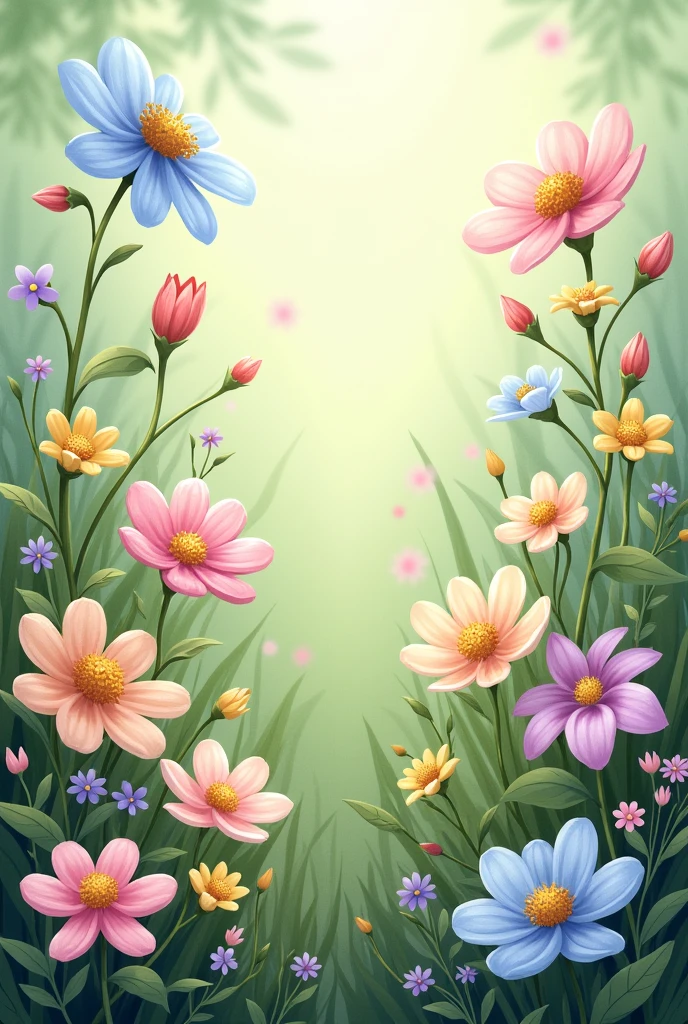 Garden with lesser flowers but differently coloured wildflowers and matching leaves with grass and little space between each flower. Pastel coloured wildflowers