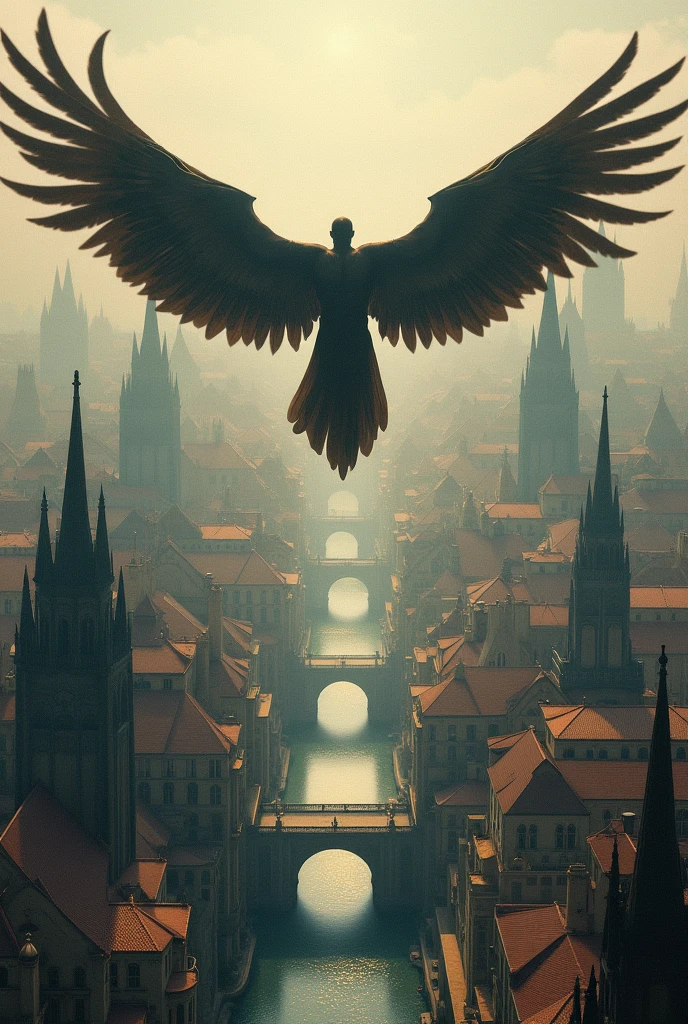 man with wings flying over city creating a big shadow , axonometric view of the style of Dubujo Piranesi