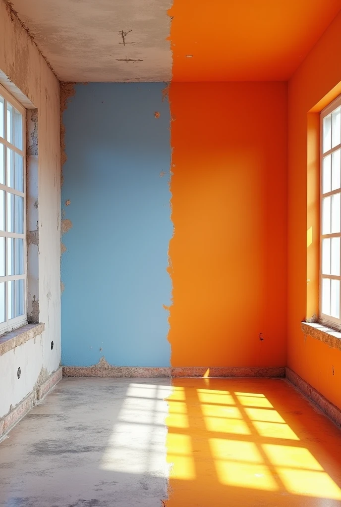 I want two rooms that are completely the same, but one of them is painted as if the paint hadn't reached it, and the other room is completely painted in a bright color.