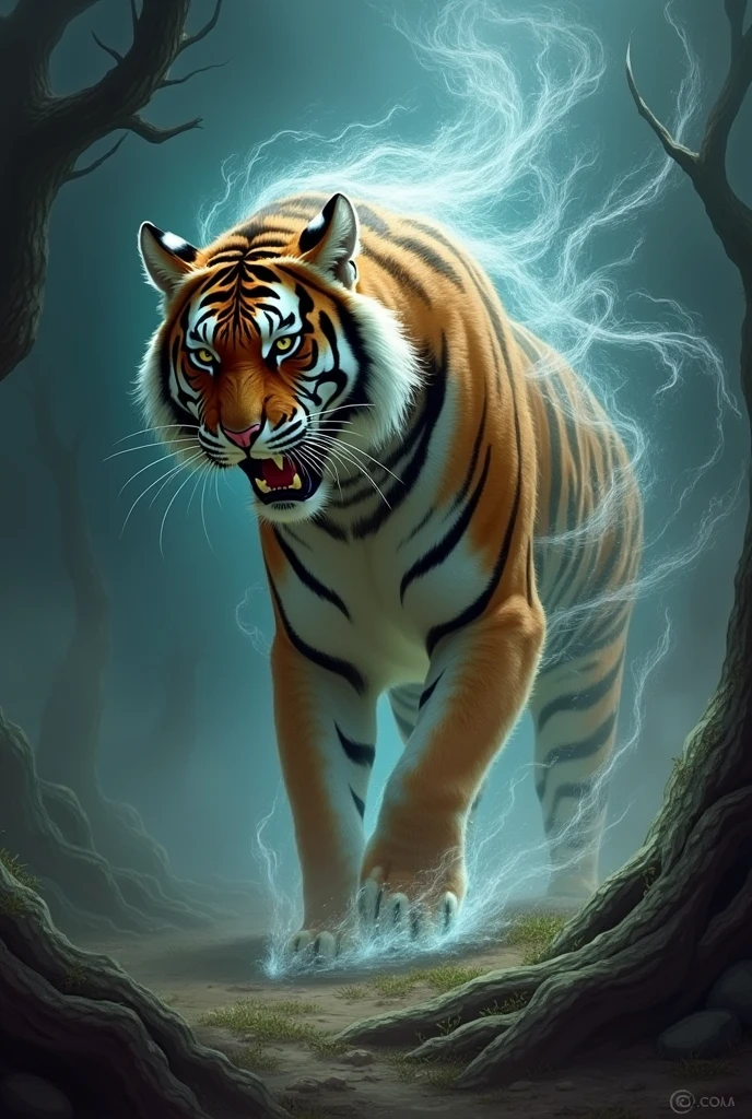 a tiger sprit coming out from a death cat body