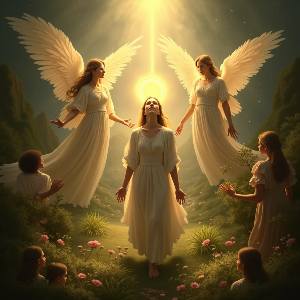 A person being crowned with a halo of light, surrounded by angels and other celestial beings. The darkness fades away, revealing a beautiful, heavenly landscape. The person's expression is one of awe and gratitude.