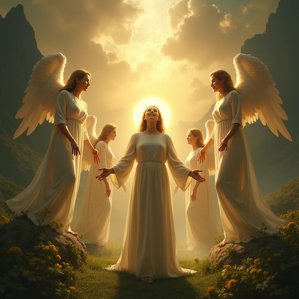 A person being crowned with a halo of light, surrounded by angels and other celestial beings. The darkness fades away, revealing a beautiful, heavenly landscape. The person's expression is one of awe and gratitude.