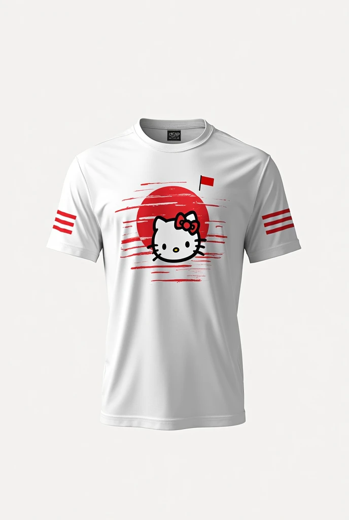 create a BASIC WHITE t-shirt WITHOUT SO MANY DETAILS BUT WITH DETAILS OF JAPAN with red STRIPE detail S BUT WITH DETAILS OF JAPAN and hello kitty with a print for a sports team with a design based on Japan with a few details of hello kitty ON THE T-SHIRT put details that refer to Japan with a small Japanese flag with nothing written