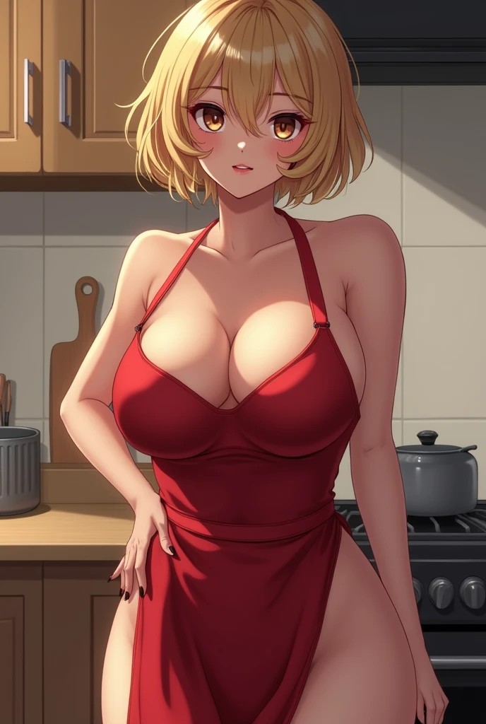 One adult woman,Gal,Blonde,Short Hair,Big Breasts,sexy,sexyな表情,Naked Apron,living,Sexy pose,high quality,anime,