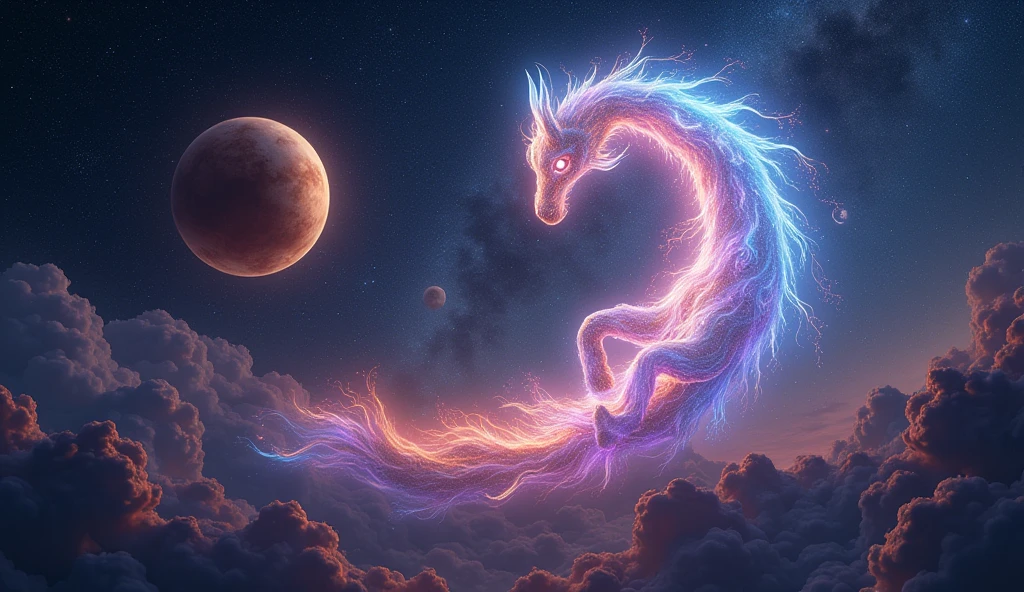 A celestial dance between Pluto and Aquarius in a starry sky, with vivid colors and cosmic energy. The scene should evoke a sense of cosmic harmony and transformation. --ar 16:9