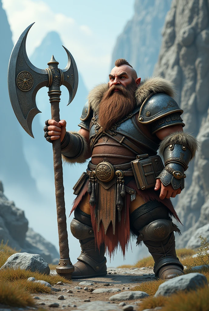 fantasy dwarf character with good charm and very very large axe, realistic view, 8k HDR