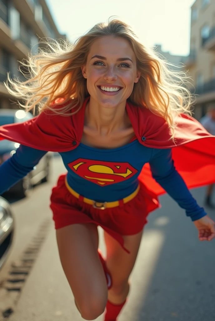 An attractive blonde with light eyes, athletics, strong, she is a SUPERGIRL, card with short skirt and cape, woman dressed as supergirl, smiling,flying above a car.