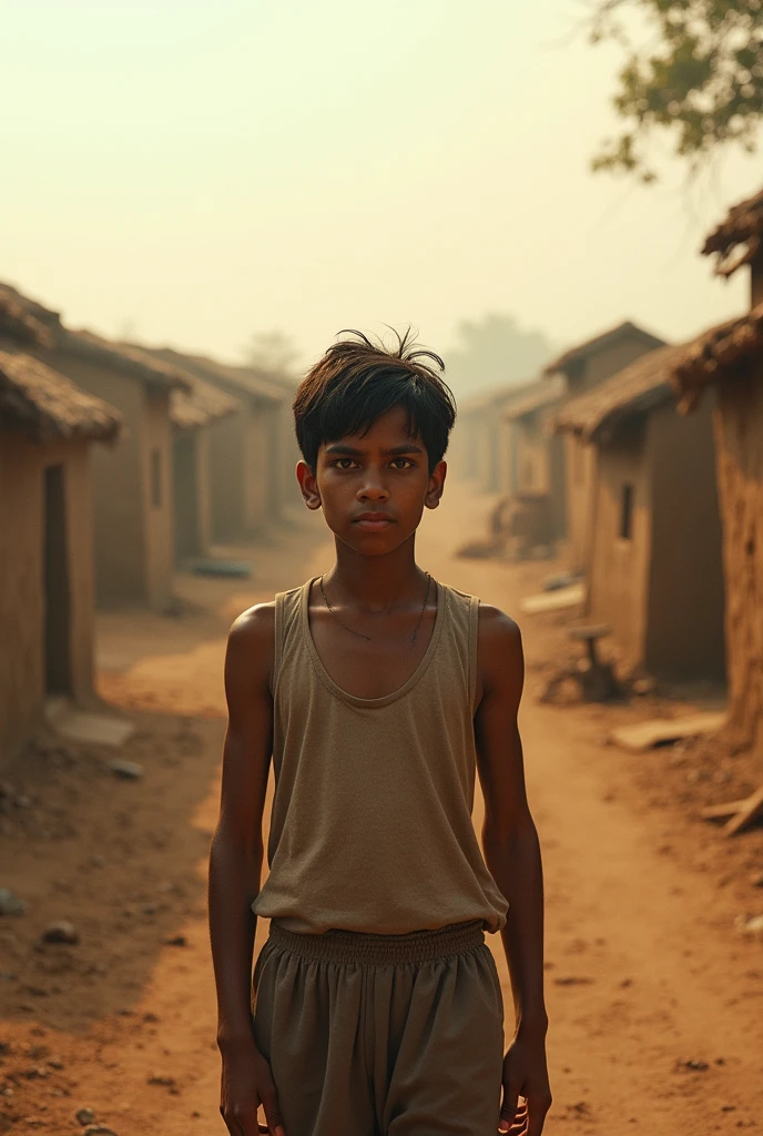 A small, rural village with mud houses, surrounded by fields. In the foreground, a young boy named Suraj, dressed in simple clothes, is looking towards the horizon with determination in his eyes. His surroundings reflect poverty, but his expression shows a burning desire to become a great athlete.