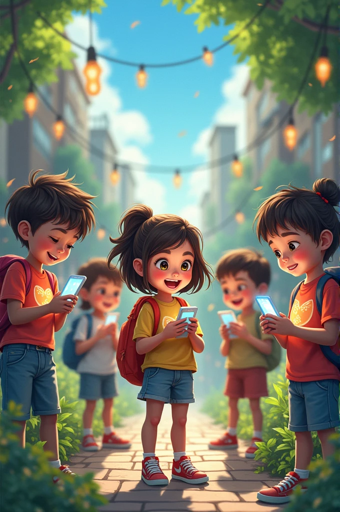 Create an image about children with cell phones