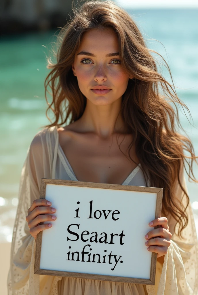 Beautiful girl with wavy long hair, bohemian dress, holding a white board with text "I Love Seaart Infinity" and showing it to the viewer