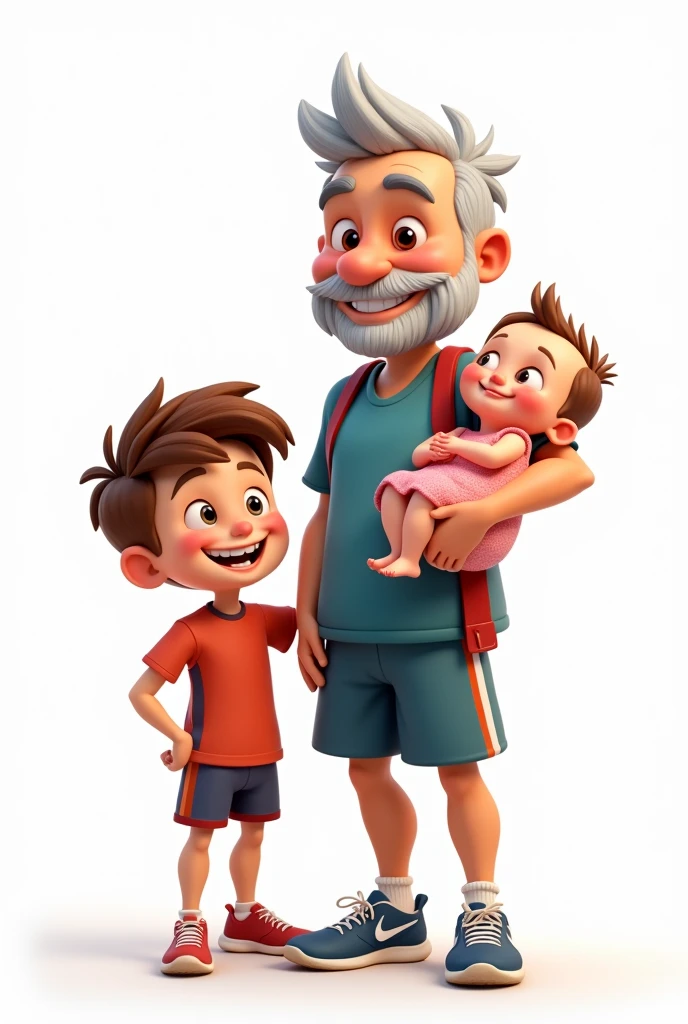Cartoon sporty grandfather with short hair, with teenage male grandson and newborn female granddaughter in pink dress on a white background 