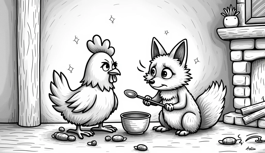 drawing of a fox and a chicken. The chicken must be cooking a nail soup and the fox must be making a fire, to a fireplace at night. The drawing must be and cannot be colored.. The chicken must look smart and the fox must look hungry and tired.. The image must be for coloring. remember if, The chicken is the one cooking, and she's cooking a nail soup.