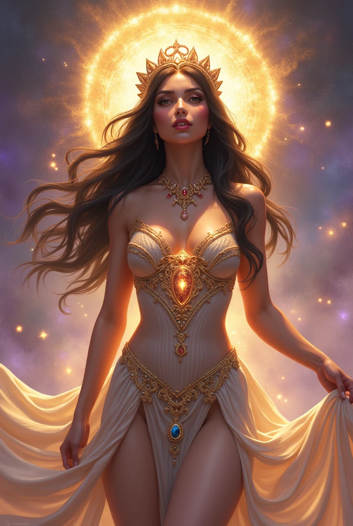 Goddess with crown, dark brown hair, dark brown eyes, White skin, Voluminous bust and rear, with golden and purple aura, with a dress, with crystals, full body and happy
