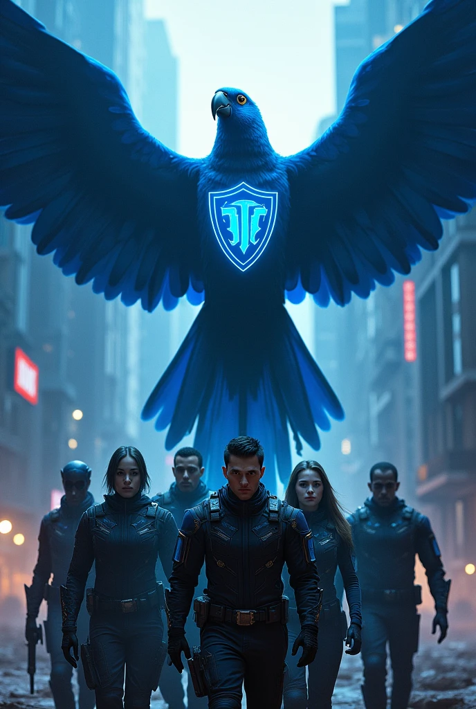 Team shield with a blue macaw