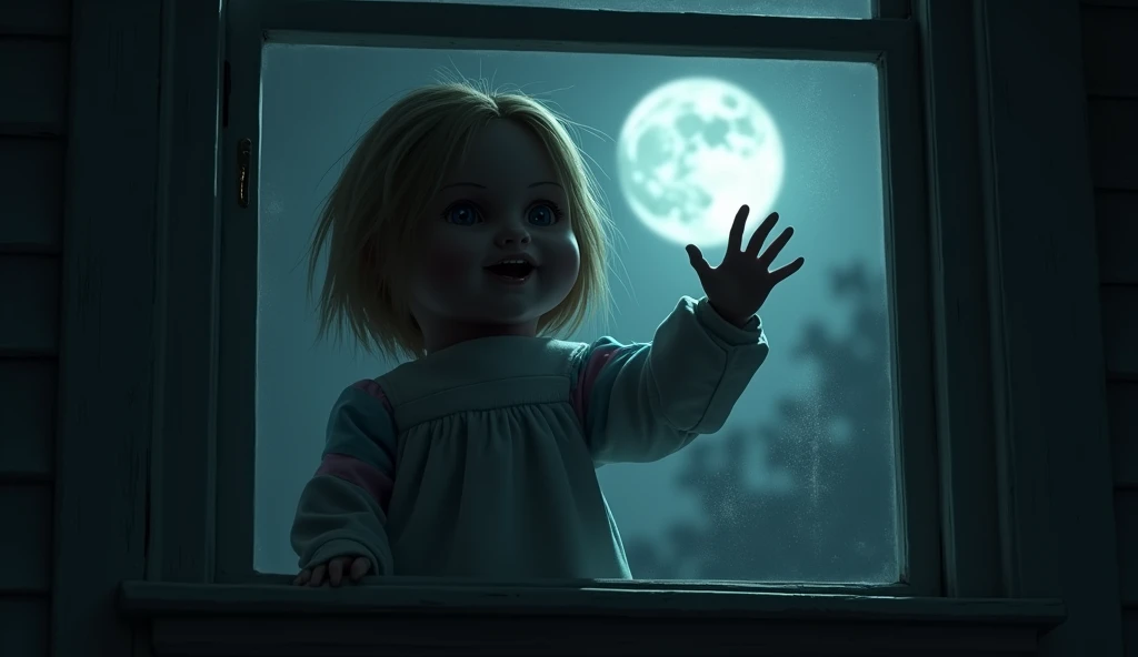 An angle from outside the house, showing the bedroom window with the doll raising its small hand in a gesture of farewell. The reflection of the moon on the glass would add a ghostly effect, and the doll&#39;s expression must be disturbing, giving the impression that he is aware of his observer