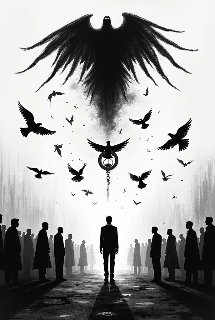 Drawing that represents chronicles of a death foretold in black and white and that shows the doves and the hourglass and the murder of Santiago Nasar and things that announce death(only the outline of the drawing)
Outline of the drawing