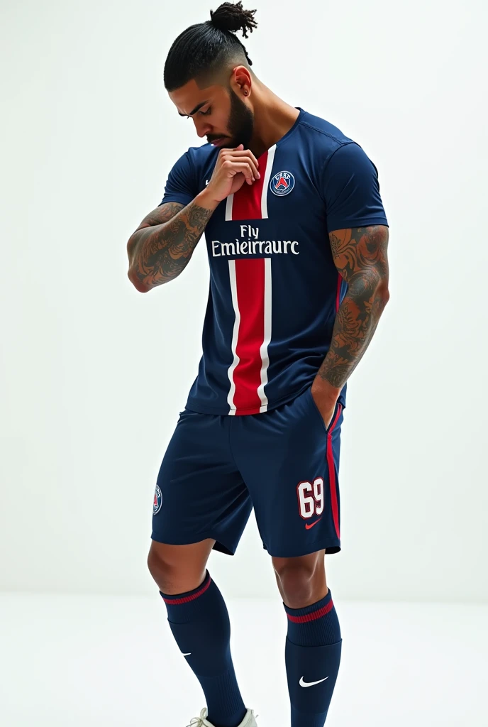 Kissing T-shirt Young 2 sexy Rude gangster with black hair shaved on the sides with braids brown eyes thick lips cinnamon skin athletic body masculine energy and sexy defined chin trimmed beard colored tattoo marked biceps wears black color man Muslim style, He wears the navy blue PSG uniform with a central red and white stripe., Navy blue shorts with the number 69 and white cleats. The background is white and he is standing, kiss the team shirt. 8k