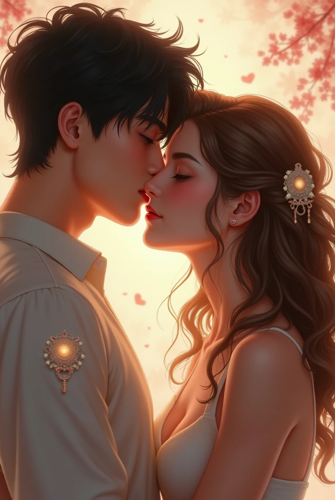Jungkook, a Korean boy who is part of BTS, kissing Luiza, a girl with fair skin, one sign above and one below on the left side of the face near the mouth, with long, curly light brown hair and small lips who is Brazilian