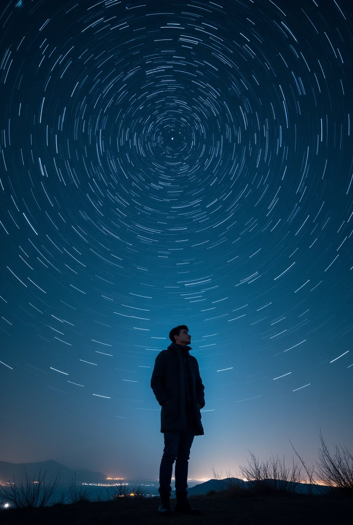 long exposure starry sky with many circular orbits, focus at stars,silhouette of a young man with his hands in her coat pockets looking up at it,golden ratio