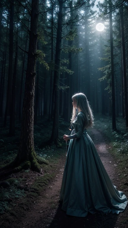 A lone woman in a forest clearing at night:** The woman stands under a full moon, holding a glowing key-shaped pendant in her hand. The surrounding trees are tall and ancient, their leaves rustling softly in the wind. The atmosphere is eerie yet enchanting, with a soft mist rising from the ground. The scene is bathed in a cold, pale blue light from the moon, casting long shadows that stretch into the darkness of the forest. The style is reminiscent of gothic fantasy art, with intricate details and a mysterious, dreamlike quality.