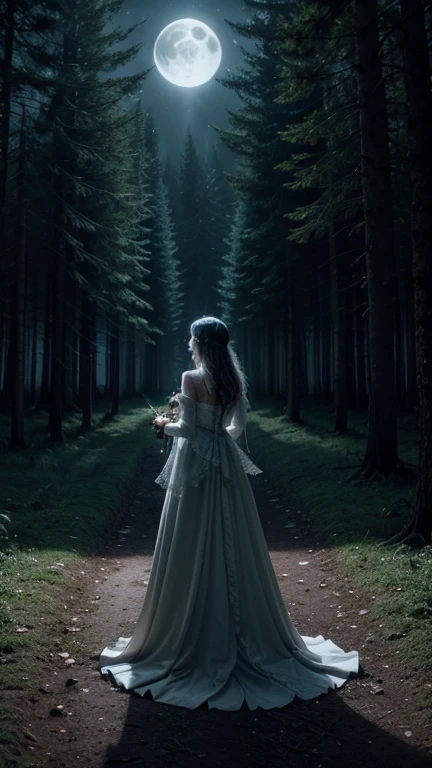 A lone woman in a forest clearing at night:** The woman stands under a full moon, holding a glowing key-shaped pendant in her hand. The surrounding trees are tall and ancient, their leaves rustling softly in the wind. The atmosphere is eerie yet enchanting, with a soft mist rising from the ground. The scene is bathed in a cold, pale blue light from the moon, casting long shadows that stretch into the darkness of the forest. The style is reminiscent of gothic fantasy art, with intricate details and a mysterious, dreamlike quality.