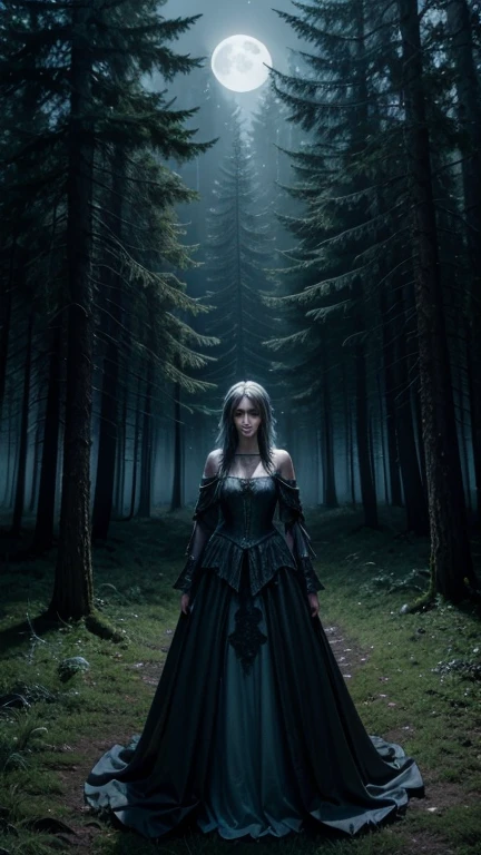 A lone woman in a forest clearing at night:** The woman stands under a full moon, holding a glowing key-shaped pendant in her hand. The surrounding trees are tall and ancient, their leaves rustling softly in the wind. The atmosphere is eerie yet enchanting, with a soft mist rising from the ground. The scene is bathed in a cold, pale blue light from the moon, casting long shadows that stretch into the darkness of the forest. The style is reminiscent of gothic fantasy art, with intricate details and a mysterious, dreamlike quality.