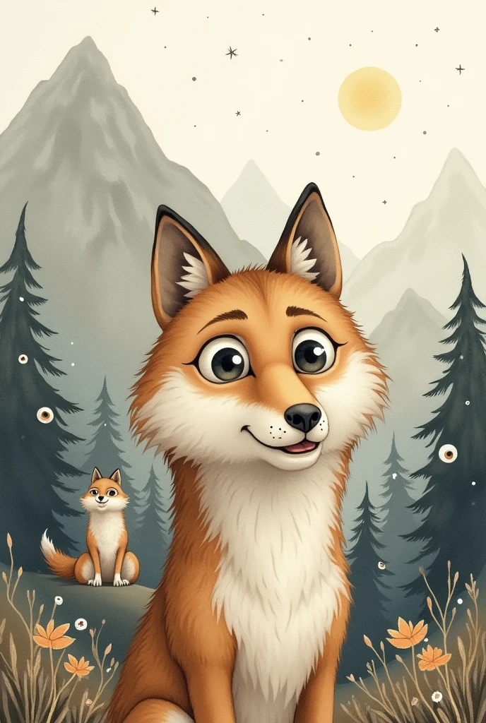 A drawn watercolor wolf with big, round eyes .in the background are mountains and trees with big, round eyes.The background is grey with white dots.The whole is softly drawn and in earth tones.On the mountain there is a howling wolf in the background