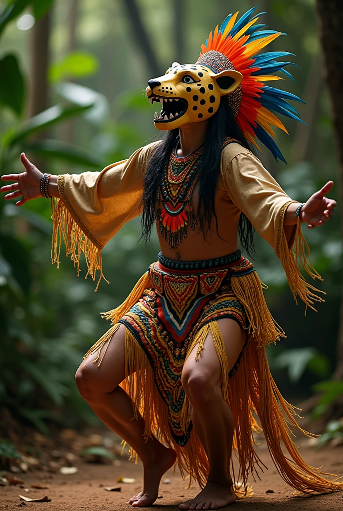 PERSON DRESSED IN HISTLE MECATE CLOTHING TYPE FEATHERS DANCING WEARING A JAGUAR MASK WITH OPEN MOUTH AND OPEN ARMS