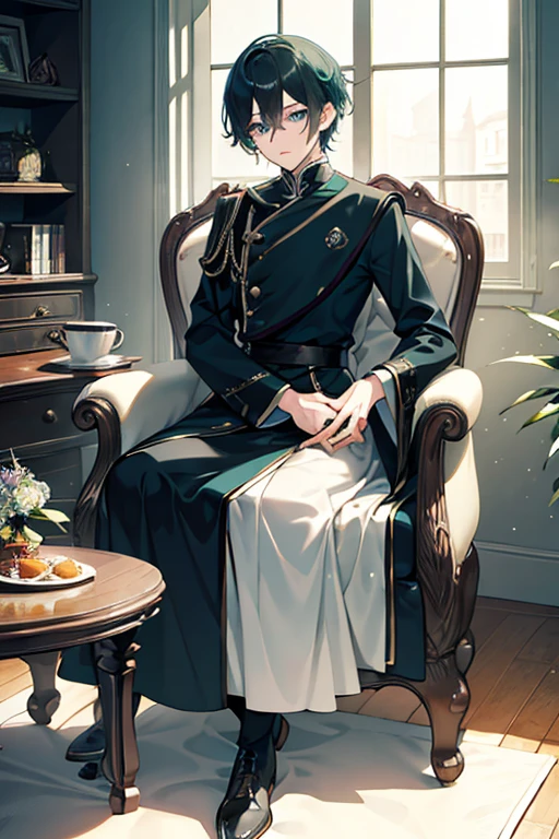 male　Dark green hair　blue eyes　short hair　one person　Noble costumes　plush furniture　cake eating group　drink black tea　table　sit on the chair　masterpiece　Highest image quality　Noise Cancellation　Transparent parts 　movie shadows　Increase eye appeal　Transparent parts the shine of the eyes　Draw eyelashes neatly　Perfect eyes　delicate eyes　Sharpen image quality　Keep your eyes open and write　Transparent parts eye shape