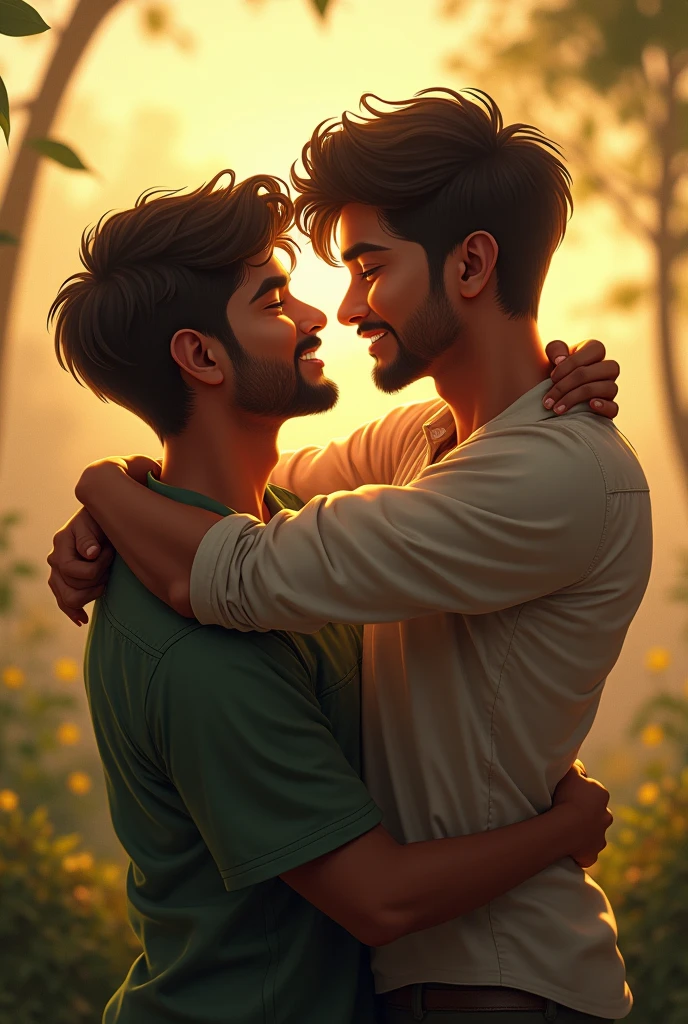 Two Indian handsome boys Enjoying their moment Which describes a Word “Dosti” and Like this should look full real and i want it for my song cover page which is “dosti ka nasha” and the cover page should make People cry and emotional after looking at it