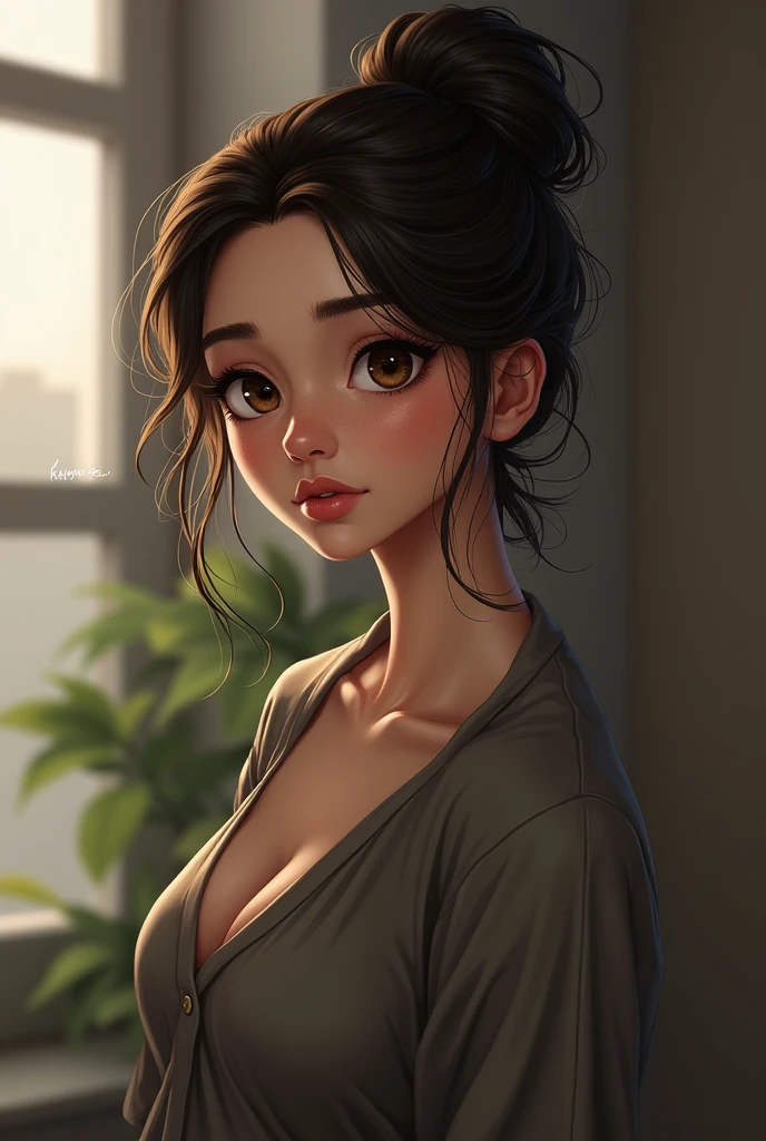 name: Beatrice "Bea" Silva Age: 28 years
Appearance: Beatrice is a woman of average height and a curvaceous body., weighing about 89 kilos. Ela tem cabelos castanhos escuros, generally kept in a simple, practical style, like a bun or a ponytail. His brown eyes are large and expressive, often revealing a mixture of shyness and reflection. She tends to wear comfortable and discreet clothes., like long t-shirts and jeans, with a preference for neutral tones and soft fabrics that make her feel at ease.