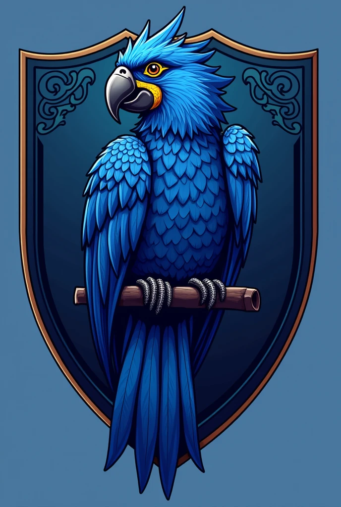 Football team shield with a blue macaw written on it "BLUE fure"