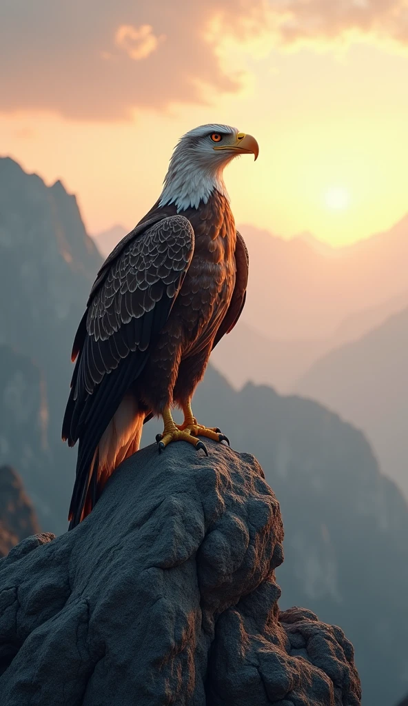Ultrarealistic 8k Image, "an imposing eagle, on a high and isolated mountain, at the time of renewal. She is on top of a rock, looking at the horizon with worn feathers, but there is a glow of light around her, symbolizing hope and renewal. The sky in the background is in shades of dawn, suggesting a new beginning. The distant mountains reflect the vastness of the path ahead."