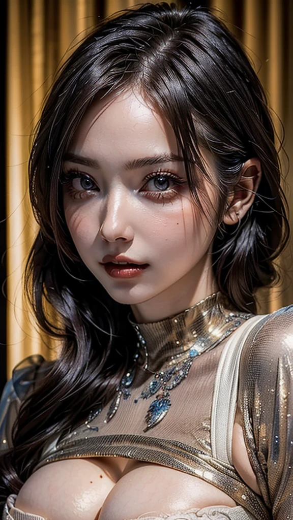 ((Highest quality, 16K, masterpiece: 1.3)), (beauty, big: 1.2, Slim Abs: 1.2), (Ultra detailed face, Highly detailed lips, Detailed eyes, double eyelid), (Body Suit), 1 female, Short bob woman, One mole on the right breast