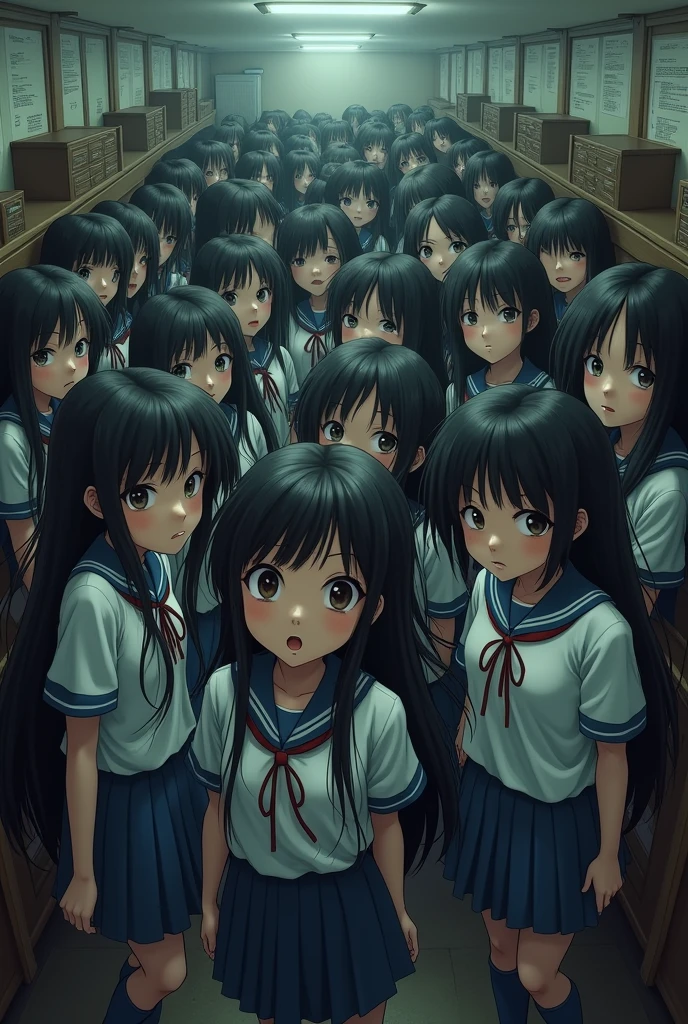 2000 long haired Asian girls in realistic school uniforms surrounding me in a small room