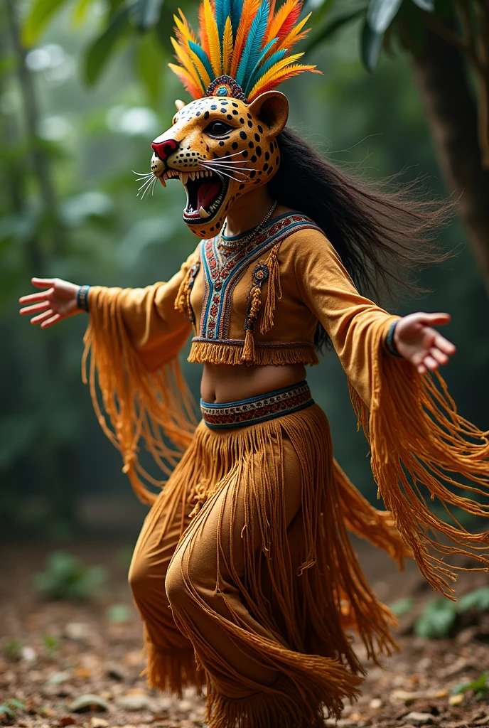 PERSON DRESSED IN HISTLE MECATE CLOTHING TYPE FEATHERS DANCING WEARING A JAGUAR MASK WITH OPEN MOUTH AND OPEN ARMS