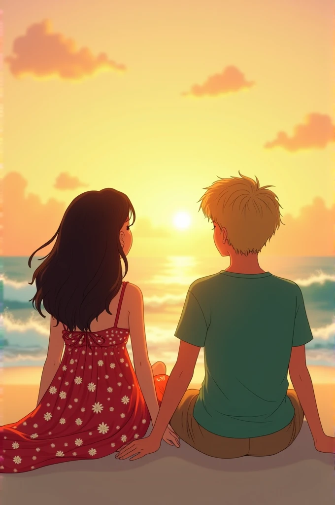 And Indian girl with light skin and wearing a red floral dress strap to her knees and with wavy hair darkest shade of brown mid length siting beside a German boy with blonde hair taller than her wearing a green linen shirt with beige shorts . The scene is on the beach they are facing there back and sitting watching the sunrise on the beach with a little laid back posture and their hands touching a little they are teenagers and sitting a 
bit apart but their hands fingers are touching . Realistic and make it seem like first love fresh teenage love summer story type 