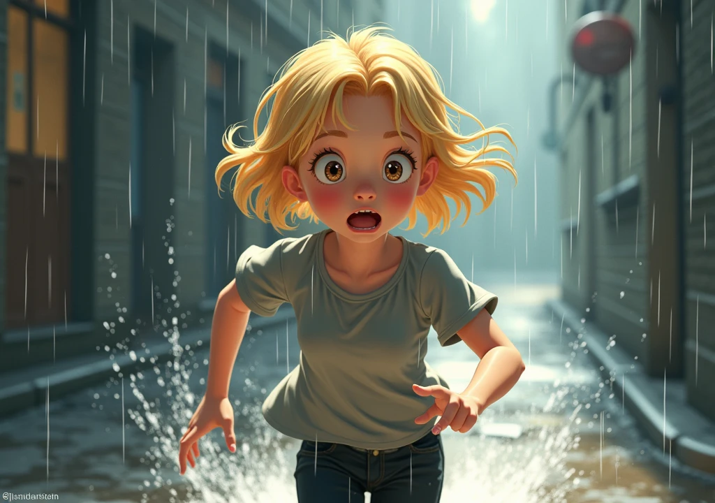 A blonde ager with light brown eyes wearing a short gray blouse and black pants running away from some rain splashes, she is amazed by the rain and wants to run away as quickly as possible, the scene is dramatic and there are some rays chasing her, Disney style Pixar