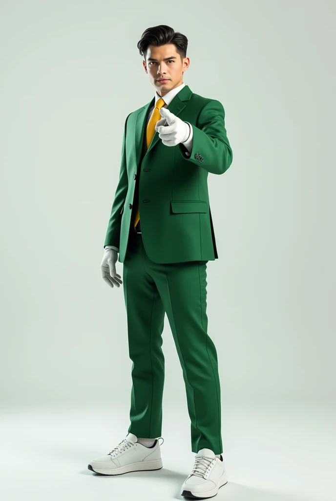I would like a highly realistic image of a man standing full-length. He should be wearing a green suit, green pants, a white shirt, and a yellow tie. The background should be a neutral, white, well-lit environment. The man’s hair should be styled to the side, and he should be wearing white gloves. He should be pointing at the camera with both hands, with his index fingers extended as if he is talking to someone. The camera should be at eye level, capturing his entire body, and the image should be in high resolution. The shoes should be sneakers.